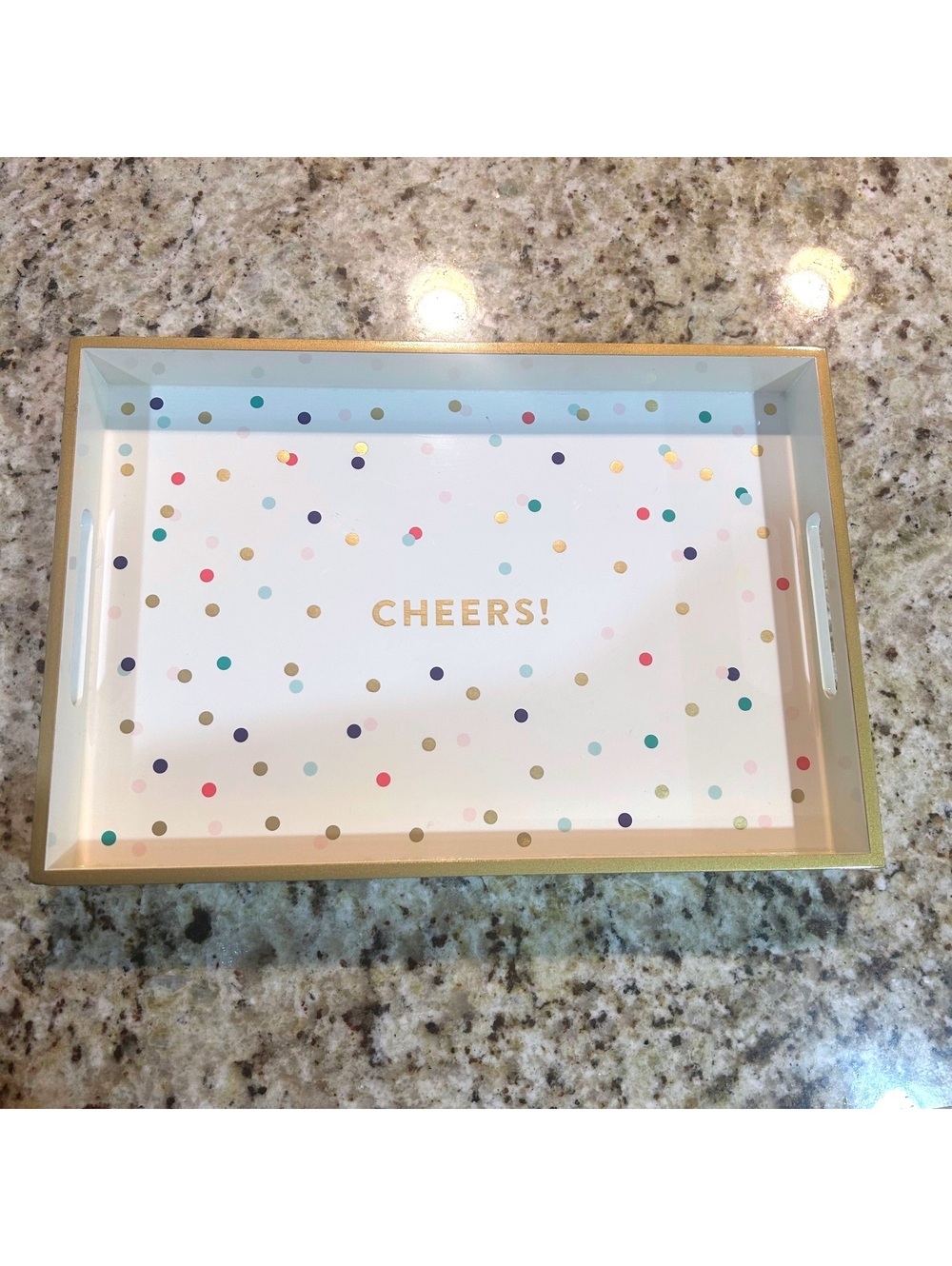 Pastel Decorative Serving Tray with Gold Polka Dots and CHEERS! Text